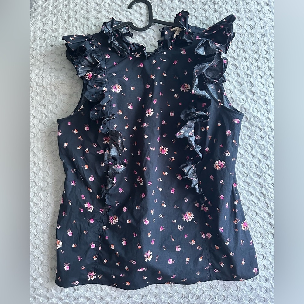 Rebecca Taylor Black Floral Ruffle Blouse